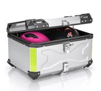 MOCOERL Baul Moto 65 litros, Top Case Moto de Aluminio Impermeable, con Respaldo Cerradura de Seguridad, Caja Trasera para Casco Plata (65L) 705S