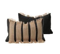 MOCOFO Wabi-Sabi Funda de cojín a rayas, hecha a mano, de yute y algodón, con flecos, estilo bohemio, granja (negro/natural, 30 x 50 cm)