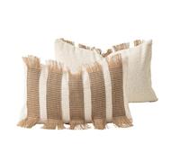 MOCOFO Wabi-Sabi Funda de cojín a rayas, hecha a mano, de yute y algodón, con flecos, estilo bohemio, granja, negro y natural (blanco/natural, 30 x 50 cm)