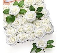 Mocoosy 50 piezas de flores rosas artificiales,rosas blancas realistas rosa falsa de espuma con tallo para manualidades bodas ramos de novia centros de mesa ducha fiesta decoración del hogar bricolaje