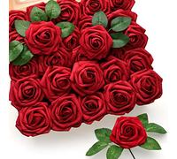 Mocoosy 50pcs Rojo Rosas Flores Artificiales, Rosas Rojo Flores Espuma Falso Rosa con Tallo Artesanía DIY para Bodas Novia Ramos centros de Mesa, San Valentín día, Madre día Fiesta hogar decoración