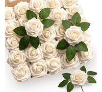 Mocoosy 50Pcs Rose de Crema Flores Artificiales, Rosa Falsa Blanca Crema para Decoraciones,Rosas de Espuma a Granel para Ramo de Boda de Bricolaje Centro de pie arreglo Floral Fiesta hogar decoración