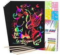 Mocoosy Juego de 60 piezas de papel artístico para rascar para niños - Arcoíris Scratch Art Creativo Dibujar de Rascar Kit con 4 plantillas 5 lápices de madera para fiestas niñas niños regalos Juguete
