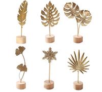 Mocrop 6 Piezas Flores de Metal Decoracion Hogar, con Base de Madera Natural, Adornos Salon Moderna, Home Decoration, Hojas de Hierro, Hojas de Ginkgo, para Decoración de Dormitorio, Baño