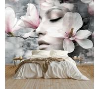 Moda Art Papel Tapiz Flor De Magnolia Y Rostro Femenino Arte Mural de Papel Pintado 400x280 cm Fotomural Decoración de Papel Tapiz Fondo de Pared de Tv de Fotografía, Gris