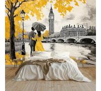 Moda Art Papel Tapiz Pintura Al Óleo Londres Amor Amarillo Arte Mural de Papel Pintado 300x210 cm Fotomural Decoración de Papel Tapiz Fondo de Pared de Tv de Fotografía, Gris