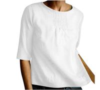 Moda Color Solido Camiseta Lino Mujer,Algodón y Lino Camisetas Manga Corta Mujer de Cuello en Redondo Multicolor Corte Suelto Camisa Lino Mujer de Media Manga Camiseta Blanca Mujer Verano