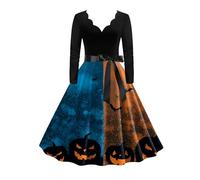 Moda de las mujeres Halloween impresión manga larga V cuello cinturón vestido vestido con encaje damas, azul, XL