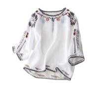 Moda de Mujer Cuello Redondo Estilo Étnico Floral Holgado Adelgazar Siete Puntos Mangas Top Camiseta Sexy Traje, Blanco, XL