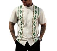 Moda Masculina Camisa Retro con Estampado Digital 3D, Cuello Mao y Manga Corta, Abotonadura Sencilla S