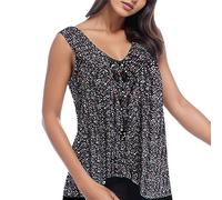 Moda mujeres cuello en V impreso flores rotas camisa sin mangas metálica top damas, Negro , 5XL