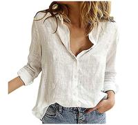 Moda mujeres suelto lino sólido solapa manga larga camiseta blusas tops señoras tallas grandes parte superior, Blanco, XL