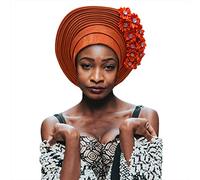 Moda nigeriana Gele Headties con piedras Mujeres Cabeza Envoltura Encaje Cuentas Ya Hecho Auto African Headtie Para Fiesta (Naranja)