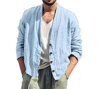 Moda para hombre informal, cuello liso simple, camiseta de manga larga de color sólido con botón, azul claro, S