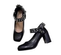 Moda para mujer Lindo Vintage Gótico Una correa Y2k Ballet Pisos Niñas Kawaii Tachonado Cuadrado poco profundo Mary Jane Tacones (3 pulgadas negras,38)
