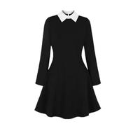 Moda Peter Pan Collar Vintage Otoño Mini Vestido Negro Mujeres Vestidos Manga Larga Retro Oficina Señoras Elegante Patchwork Vestido-Negro-XL