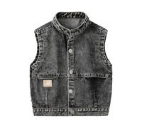 Moda sin mangas cuello denim chaqueta chaleco chaqueta mujer capucha de piel, Negro , 12-18 meses