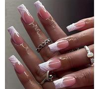 Moda Square False Nails Set Presione Con Rayas El Palillo Brillante En Manicura Arte Fiesta Listo Uñas Detalladas