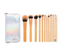 MODA Totalmente Electric - Juego de 13 brochas de maquillaje de cara completa, incluye polvos, tez, rubor, sombra, manchas y arrugas con estuche con cremallera (naranja neón)