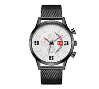 Moda Tres Ojos Calendario Reloj de Hombre Analógico Digital Correa de Aleación de Malla Casual Personality Watch, Cara Blanca Negra, Pulsera
