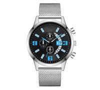 Moda Tres Ojos Calendario Reloj de Hombre Analógico Digital Correa de Aleación de Malla Casual Personality Watch, Cara Negro Plata, 24
