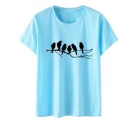Moda Verano Ocio Arte Corazón Taza de Vino Eléctrica Impreso Cuello Redondo Manga Corta Top Camiseta Mujer Camiseta Manga Larga Mujer, azul claro, M
