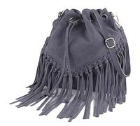 modamoda de - T239 - ital. Bolso bandolera de ante con flecos, azul/gris, medium