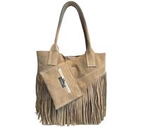 Modarno Bolso shopper para mujer de ante genuino con flecos más estuche para joyas del mismo color - Bolso de mano - Bolso de hombro, Color topo claro.