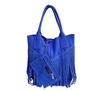 Modarno Bolso shopper para mujer de piel auténtica de ante con flecos más estuche para joyas del mismo color - Bolso de mano - Bolso de hombro, Bluetto
