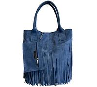 Modarno Bolso shopper para mujer de piel auténtica de ante con flecos más estuche para joyas del mismo color - Bolso de mano - Bolso de hombro, Azul Oscuro