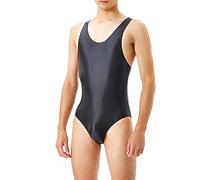 Modeewel Body para hombre, leotardo, ropa deportiva, ropa deportiva, body para hombre, brillante, aceitoso, de corte alto, transparente, camiseta de tirantes, Negro , M