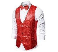 Modeewel Chaleco de traje de lentejuelas para hombre, traje brillante, chalecos para bodas y fiestas, chaleco de esmoquin metálico con corbata botón hacia abajo, chaleco casual, cuello en V, chaleco