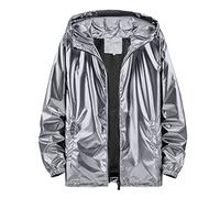Modeewel Chaqueta con cremallera metálica brillante para hombre con capucha, abrigo holgado con capucha holográfica con capucha, gabardina Hip Hop Glitter Streetwear, gris, XXL