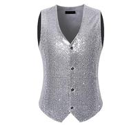 Modeewel Disfraces de Carnaval Chaleco Hombre Nochevieja sin Mangas Blazer para Boda Fiesta Temática Lentejuelas Traje Hanraz Glitter Chaleco Cuello de Pico Festivo Chaqueta Brillante, plata, M