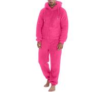 Modeewel Mono de invierno cálido para hombre, largo monocolor, traje de casa con capucha, chándal de felpa de peluche, forro polar, una pieza, suave, traje de cuerpo entero, mullido, pijama, Rosa