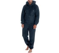 Modeewel Mono de invierno cálido para hombre, largo monocolor, traje de casa con capucha, chándal de felpa de peluche, forro polar, una pieza, suave, traje de cuerpo entero, mullido, pijama, azul
