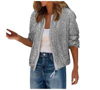 Modeewel Mujer Lentejuelas Cortas Tops Clubwear Elegante Corte Bolero Festivo Top Manga Larga Bomber Fiesta Club Blazer Moda Cazadora Bomber sin Cuello Slim Fit Cardigan