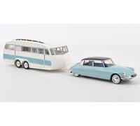 Norev Modelo coleccionable 1:18 Citroën DS19 1959 – Bleu Nuage y Berenjena con Caravana Hénon