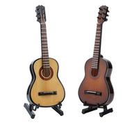 Modelo de guitarra de madera tamaño casa de muñecas con soporte de 15 cm, mini 6 cuerdas, guitarra clásica, hogar, estudio de música, decoración de escritorio, estante de escritorio, 2 unidades