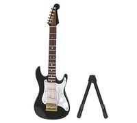 Modelo de guitarra eléctrica mini de madera delicada de 14 cm con soporte para decoración en casa y ornamento de cafetería (negro)