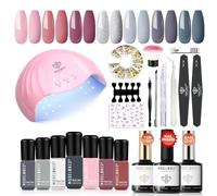 Modelones Kit Uñas Semipermanentes 22Pcs 7 Colores Esmaltes con Lampara UV 48W Kit Manicura Semipermanente Primer Base y Top Coat, Kit Uñas de Gel para Principiantes, Gris Rosa Plata