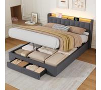 MODENVIE Cama de Matrimonio 160x200 sin Colchón, Canapé Abatible Hidráulico, LED-Bett con USB y Cabecero Ajustable con Almacenamiento Secreto y Bolsillos Laterales, Gris