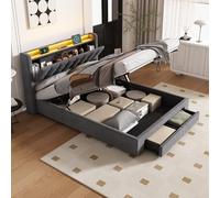MODENVIE Cama Tapizada Doble 140x190 sin Colchón, Canapé Abatible Hidráulico, LED-Bett con USB y Cabecero Ajustable con Almacenamiento Secreto y Bolsillos Laterales, Gris