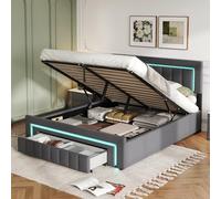 MODENVIE Cama Tapizada Doble 140x200 sin Colchón, Canapé Abatible Hidráulico con Cajón, LED-Bett con Cabecero Ajustable y Somier, Gris