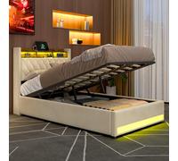 MODENVIE Cama Tapizada Doble 140x200 sin Colchón, Canapé Abatible Hidráulico de Gran Capacidad, LED-Bett con USB, Estructura de Cama de Terciopelo Beige con Somier de Láminas y Marco de Metal