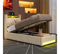 MODENVIE Cama Tapizada Individual 90x190 sin Colchón, Canapé Abatible Hidráulico de Gran Capacidad, LED-Bett con USB, Estructura de Cama de Terciopelo Beige con Somier de Láminas y Marco de Metal