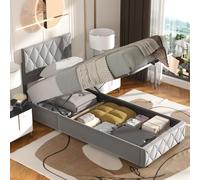 MODENVIE Cama Tapizada Individual 90x200 cm con Almacenamiento Hidráulico, Canapé Abatible con Somier y Cabecero de Diseño de Botones, Gris