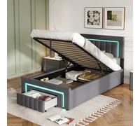MODENVIE Cama Tapizada Individual 90x200 sin Colchón, Canapé Abatible Hidráulico con Cajón, LED-Bett con Cabecero Ajustable y Somier, Gris