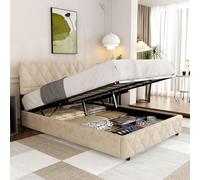 MODENVIE Conjunto de Cama Doble 140x200 con Colchón Incluido, Canapé Tapizado con Almacenamiento Hidráulico y Somier de Metal, Beige