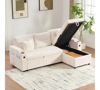 MODENVIE Moderno Chaise Longue Sofá Cama 3 Plazas con USB-C, Rinconera con Arcón Almacenaje y Portavasos, Sofá Cama de Pana Extraíble con Canapé Hidráulico, 212cm Mueble Salón, Beige